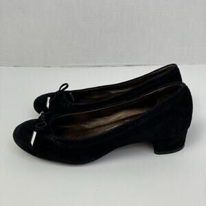 AGL Kristin Black Suede Block Heel Ballet Pump Rounded Toe w Bow Office Comfy